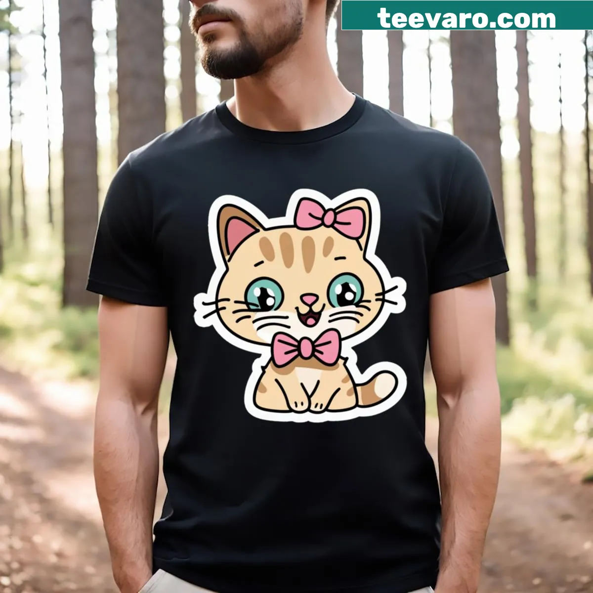 Cartoon graphic of a bowtied kitten on a T-shirt. — on a men's t-shirt