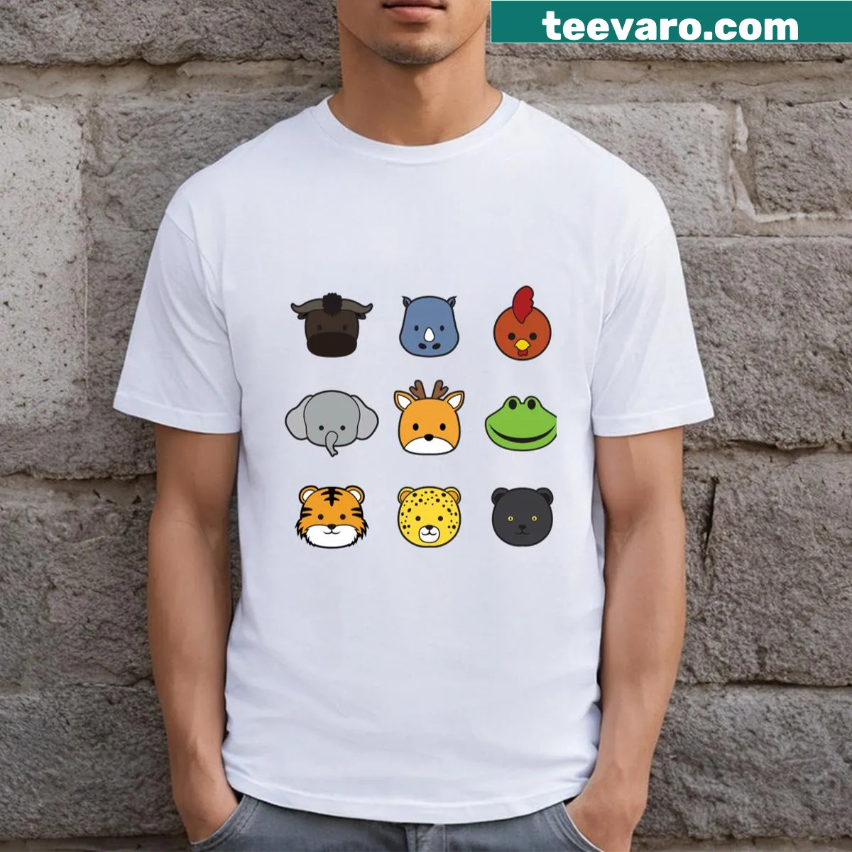 Cartoon animal faces design on a forest-themed t-shirt. — on a men's t-shirt