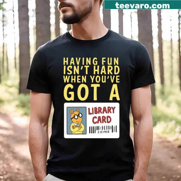 Illustration of a library card on a book-themed t-shirt.