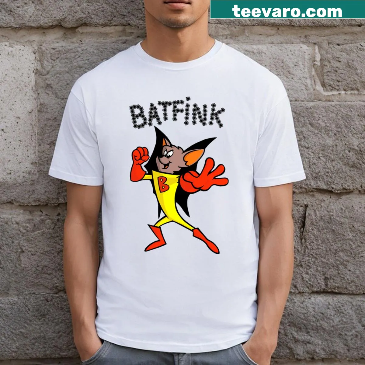Cartoon Batfink t-shirt featuring the superhero character — on a men's t-shirt