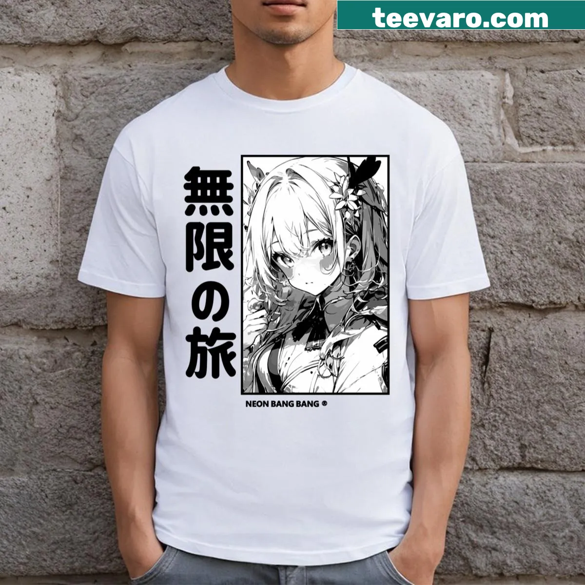 Cute manga-inspired girl graphic T-shirt in Harajuku style — on a men's t-shirt