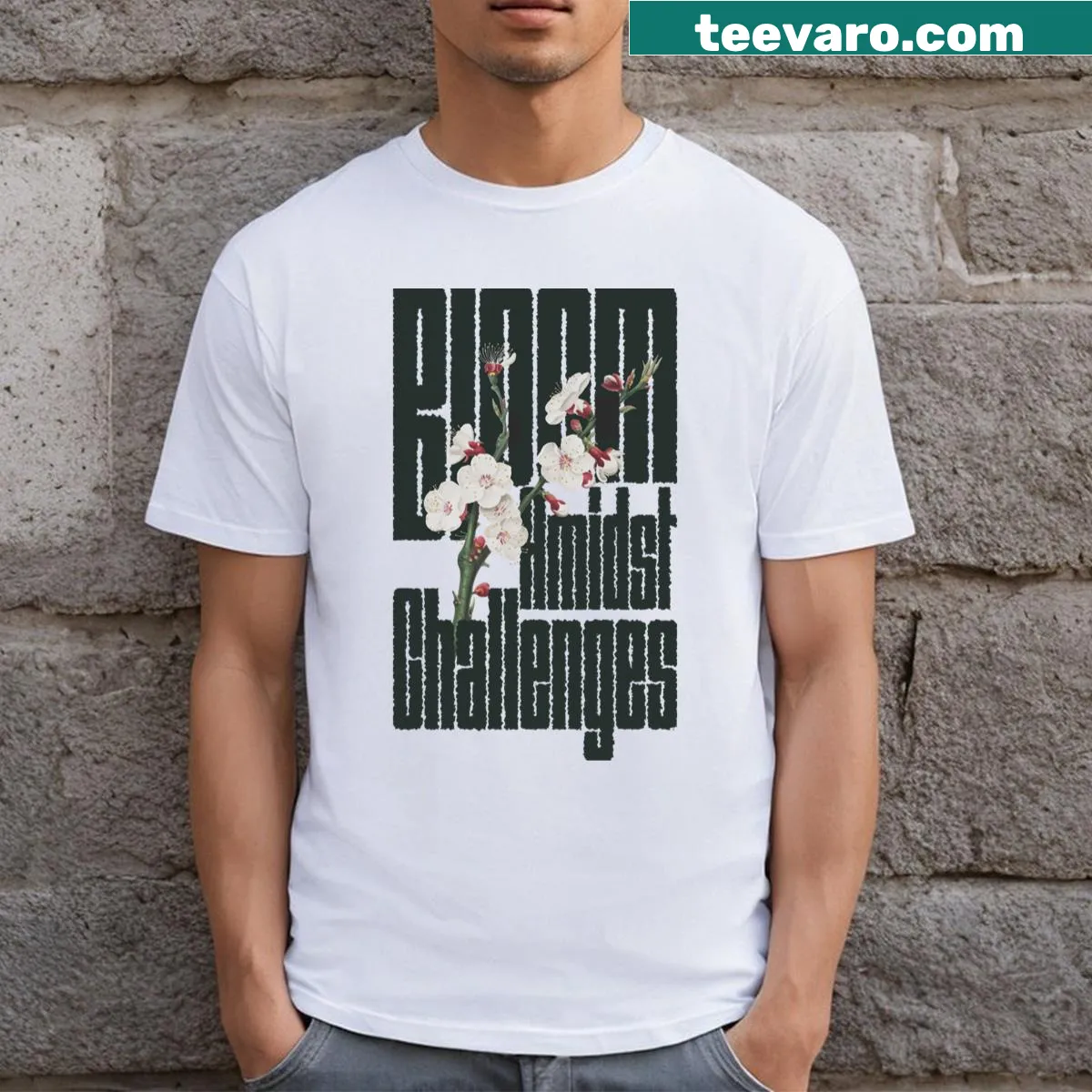 Inspirational T-shirt with the message 'Boom Amidst Challenges' in bold typography — on a men's t-shirt
