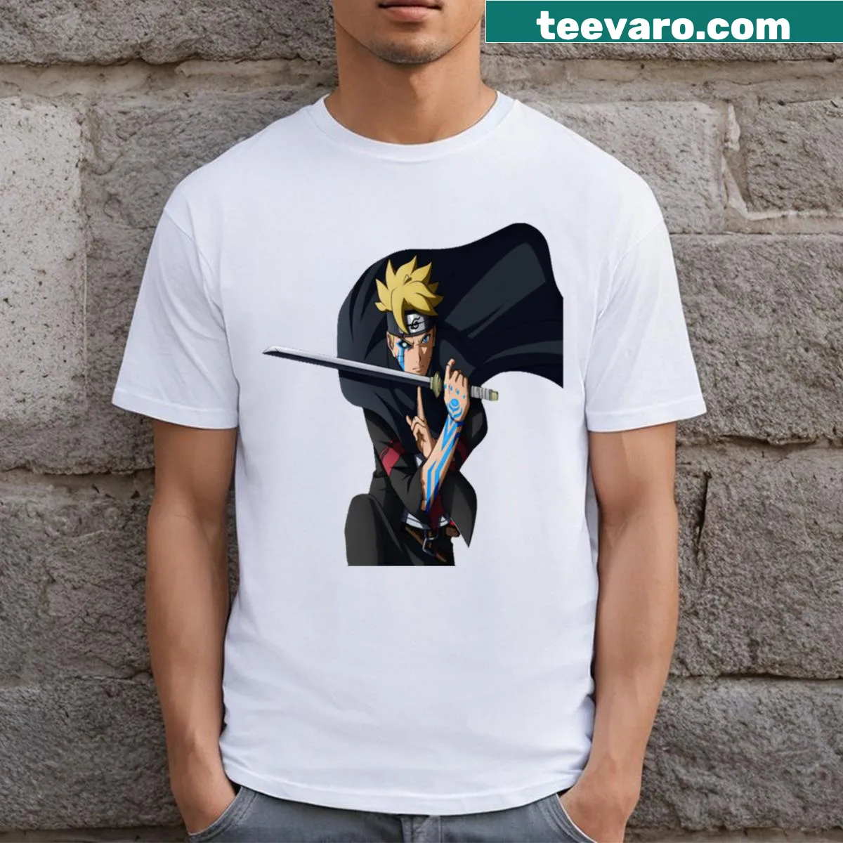 Graphic t-shirt featuring Boruto Uzumaki character illustration — on a men's t-shirt