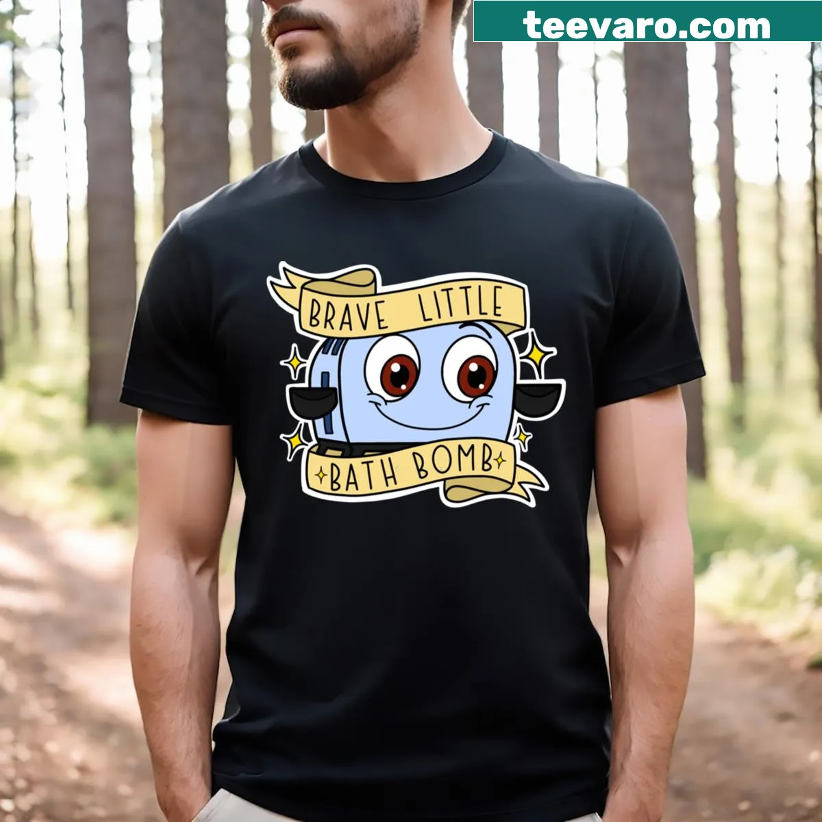 Playful t-shirt featuring a cartoon bath bomb character — on a men's t-shirt