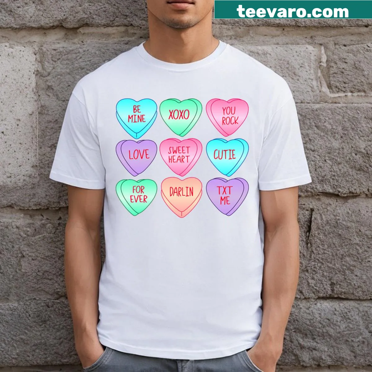 Valentine's Day kids t-shirt with cartoon heart and candy designs — on a men's t-shirt
