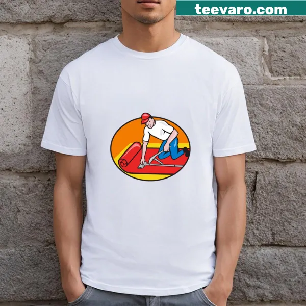 Cartoon t-shirt featuring a carpet layer fitter at work