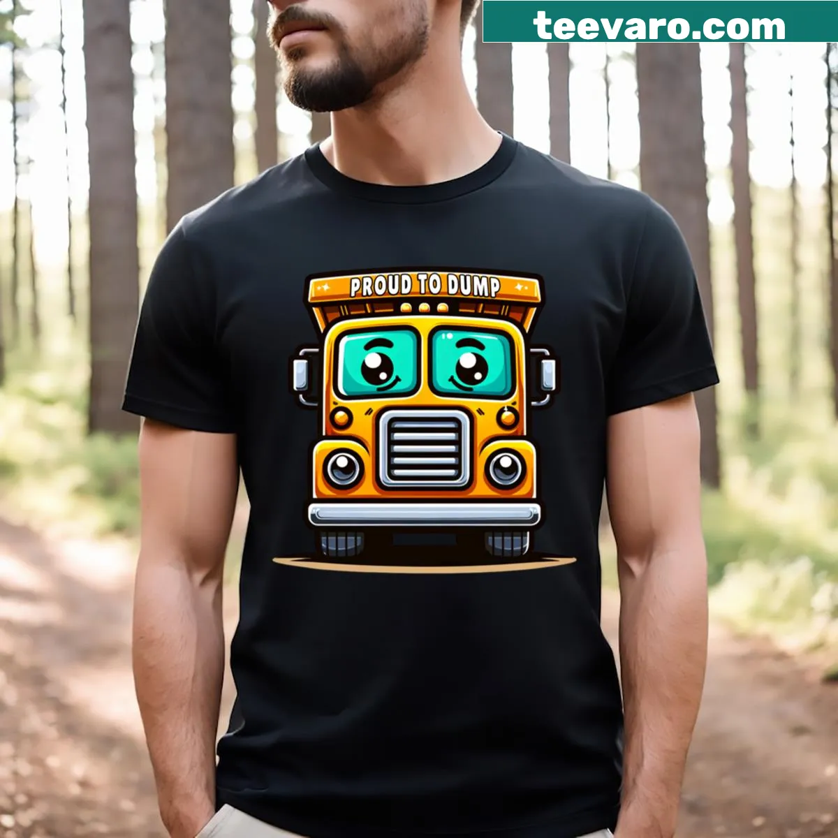 Cartoon t-shirt featuring a cheerful dump truck — on a men's t-shirt