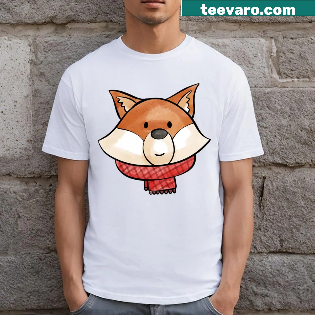 Cartoon fox illustration on an animal-themed T-shirt — on a men's t-shirt