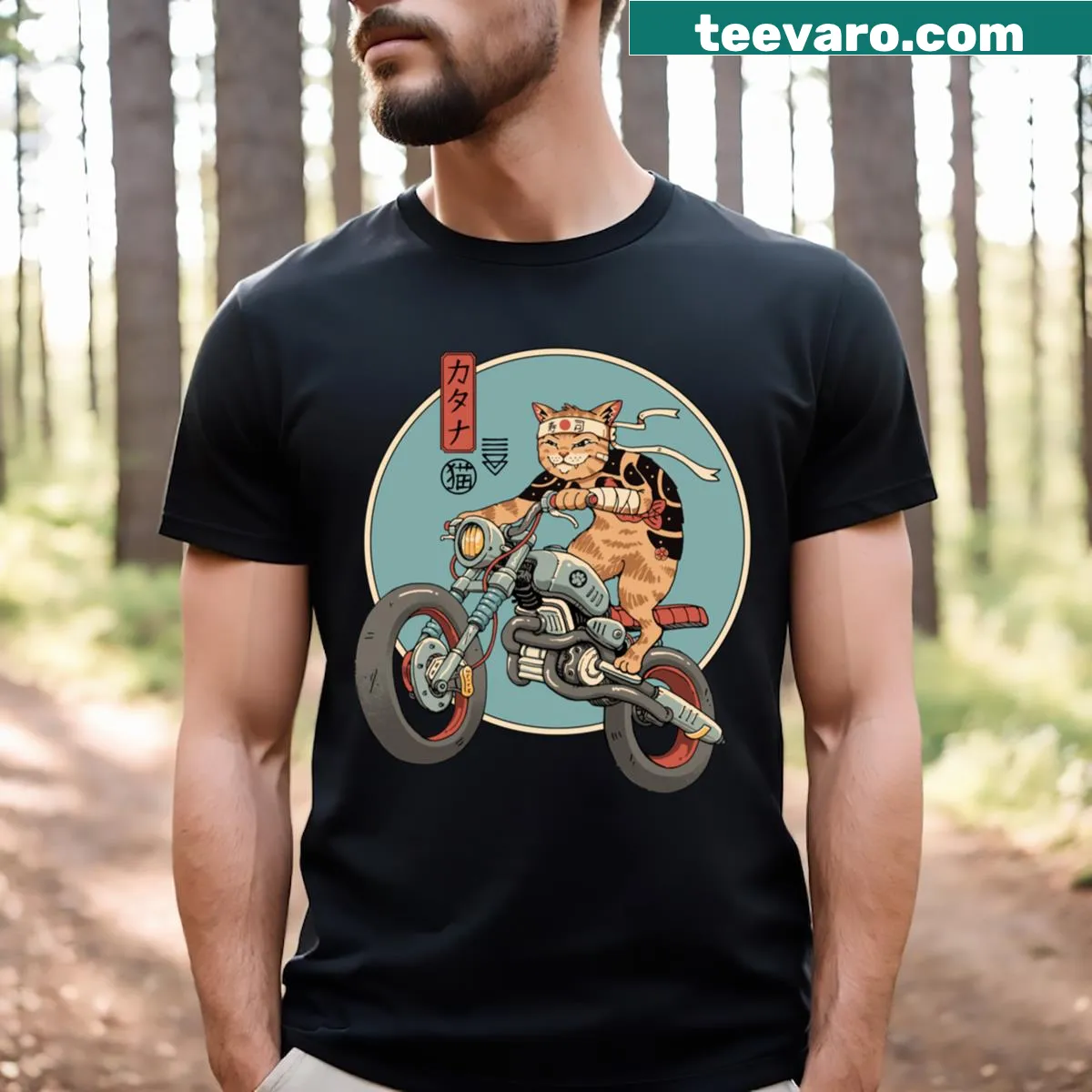 Cartoon motorcycle t-shirt featuring a cat riding a bike — on a men's t-shirt