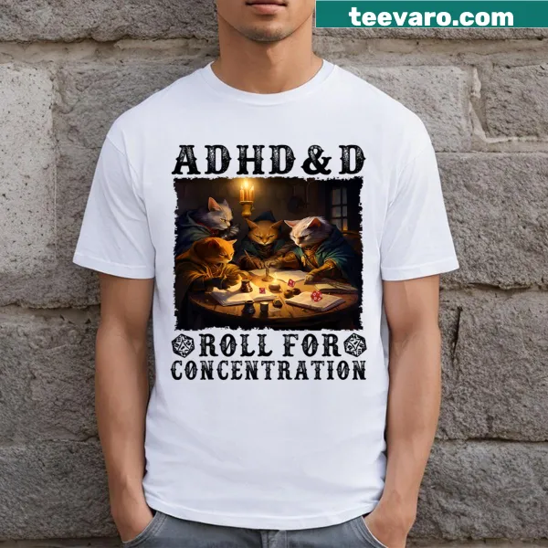 Funny RPG gamer t-shirt with 'Roll For Concentration' quote
