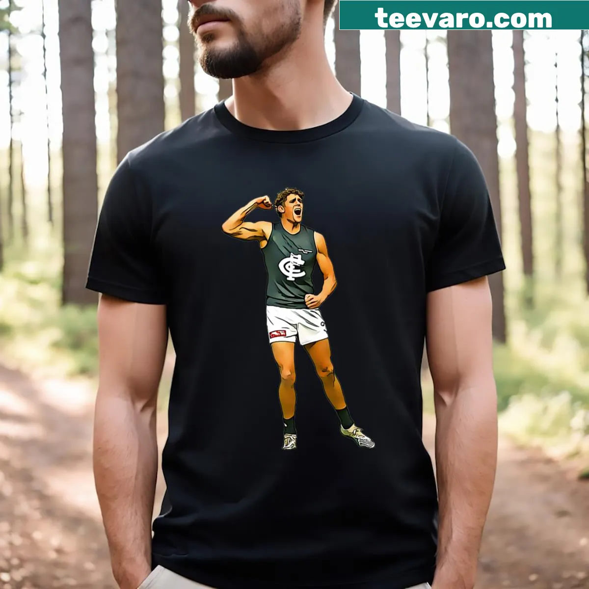 Cartoon illustration of Charlie Curnow on a football-themed T-shirt — on a men's t-shirt
