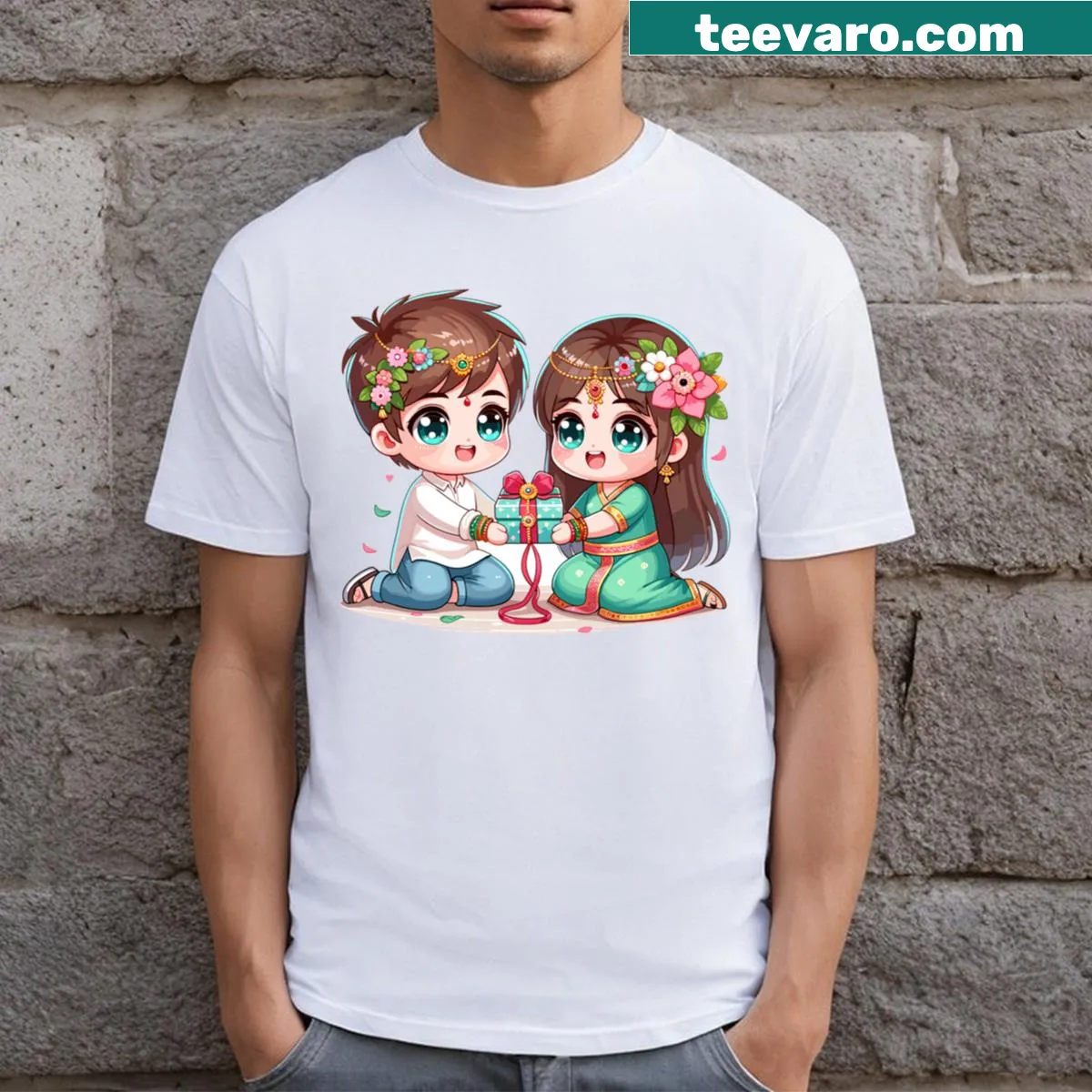 Cartoon graphic celebrating sibling love for Raksha Bandhan — on a men's t-shirt