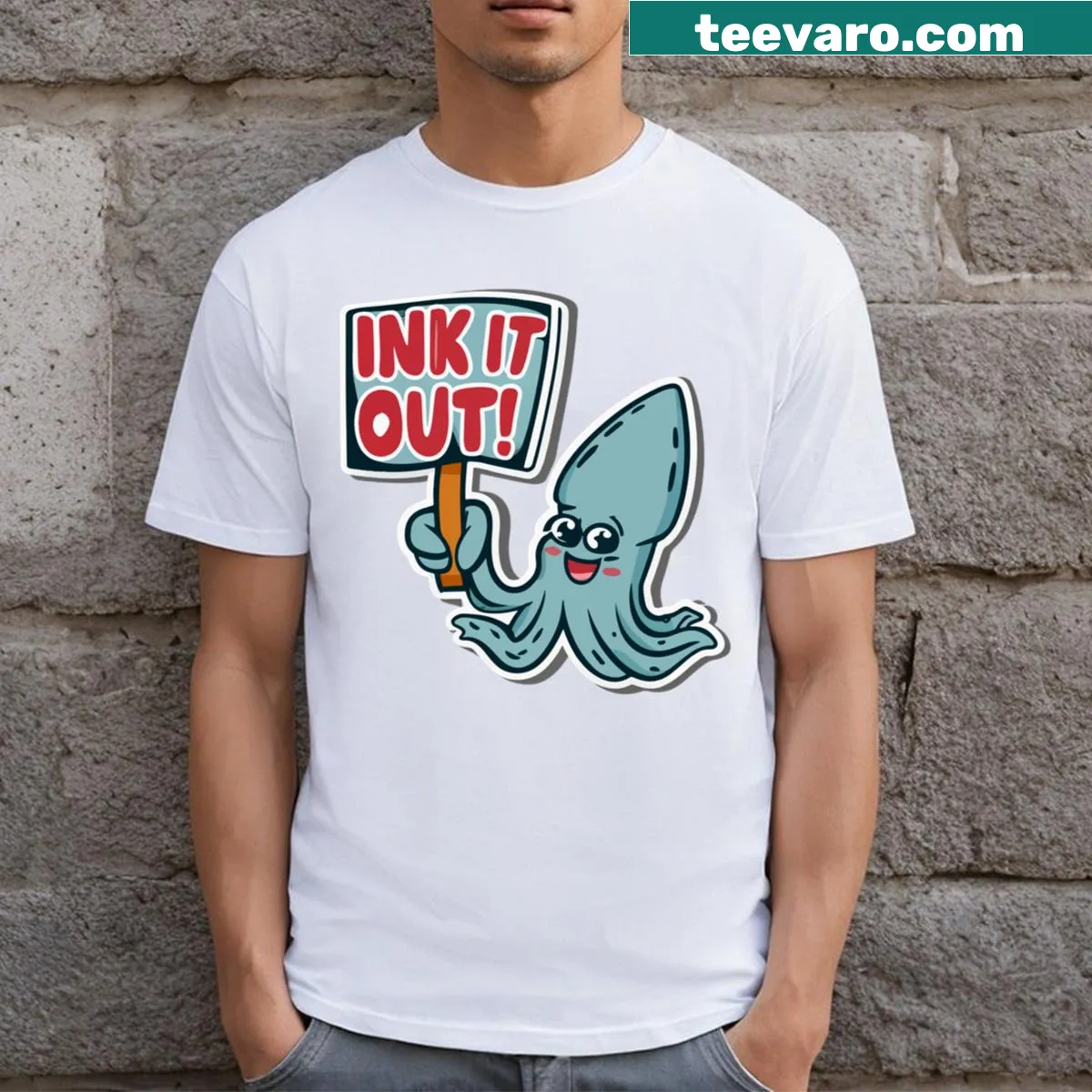 Cartoon squid shirt with the text 'Ink It Out!' — on a men's t-shirt