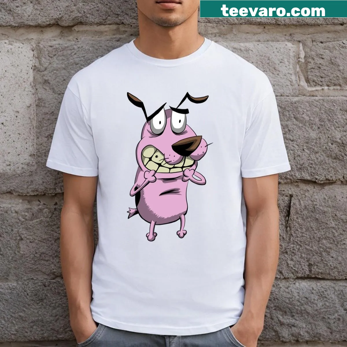 Typography T-shirt featuring Courage The Cowardly Dog — on a men's t-shirt