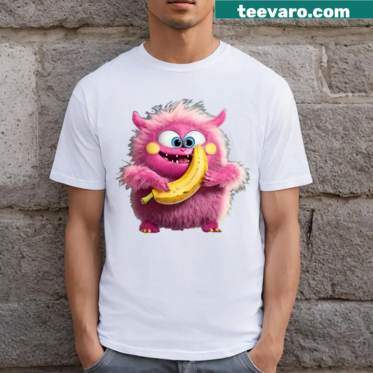 Cartoon T-shirt featuring a cute animal with a banana — on a men's t-shirt