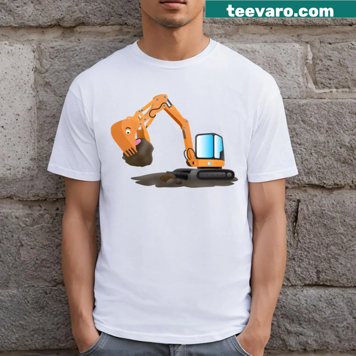 Cartoon orange excavator graphic on a t-shirt — on a men's t-shirt