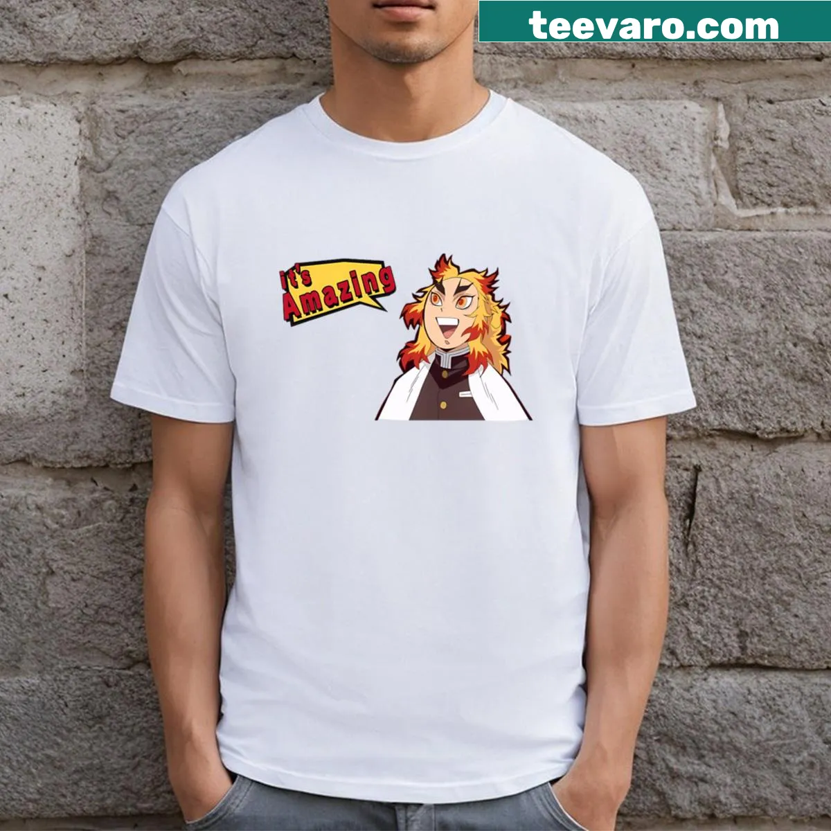 Cute illustration of Rengoku Kyoujurou from Demon Slayer on a t-shirt. — on a men's t-shirt