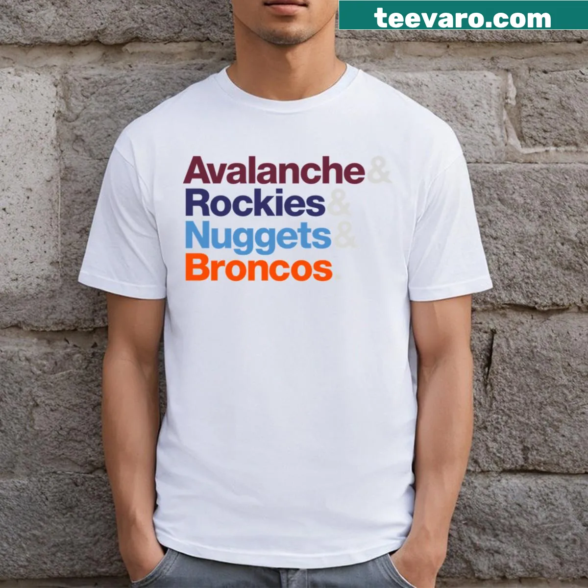 Vintage distressed t-shirt featuring Denver sports team logos. — on a men's t-shirt