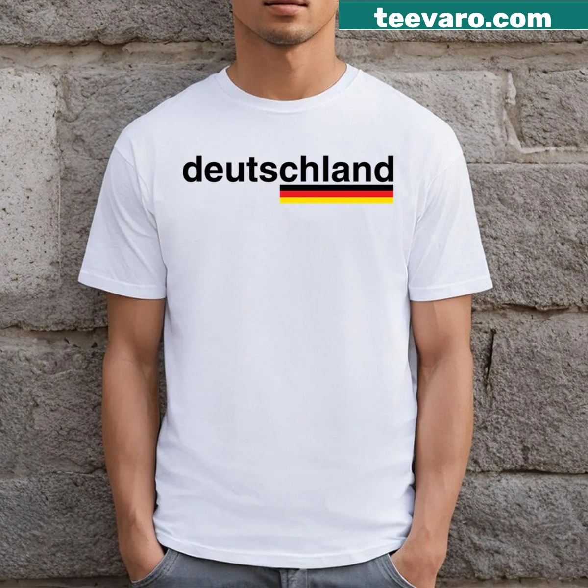 Simple T-shirt featuring the word Deutschland in bold typography — on a men's t-shirt