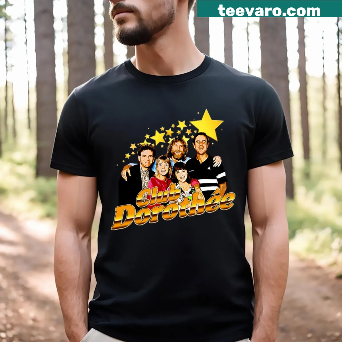 Whimsical graphic featuring the Dorothee Club, perfect for creative gatherings. — on a men's t-shirt