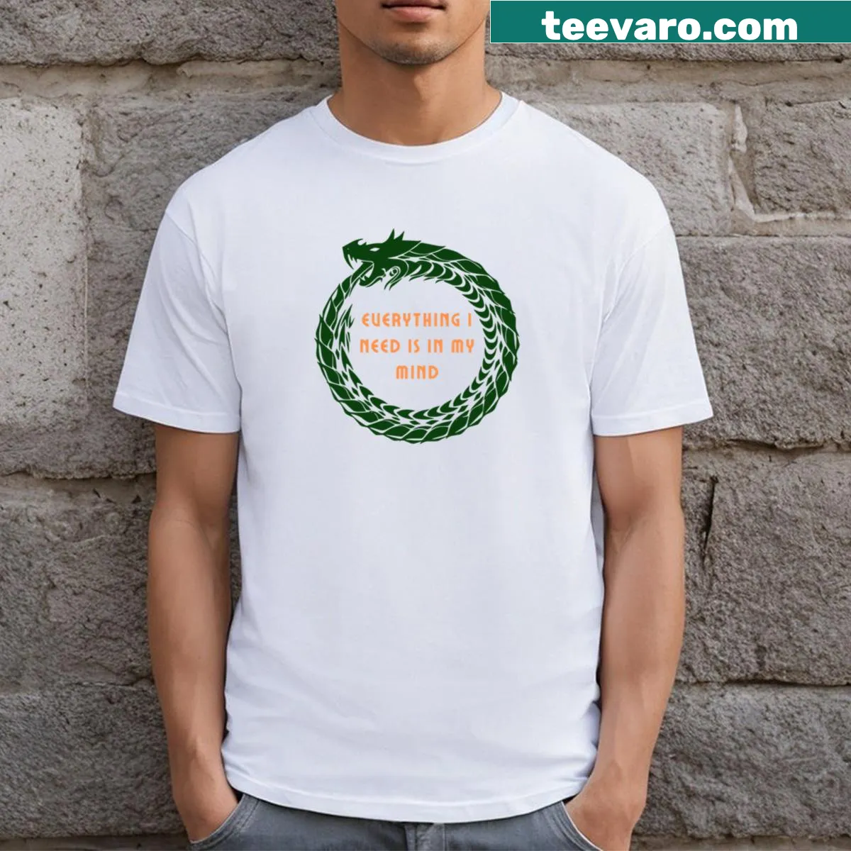 Illustrative Dragon Ouroboros graphic on a striking T-shirt — on a men's t-shirt