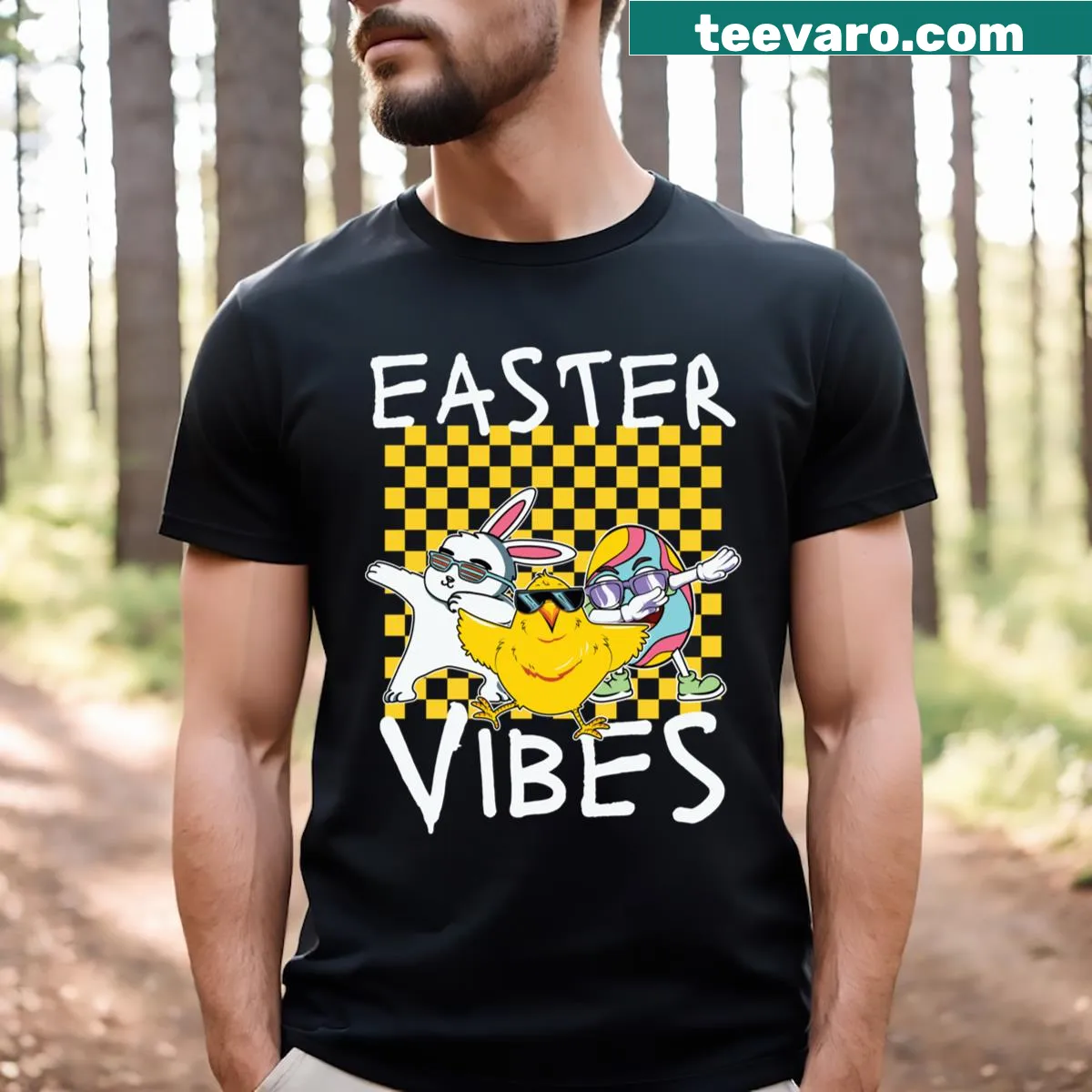 Illustrative Easter-themed t-shirt with playful designs — on a men's t-shirt