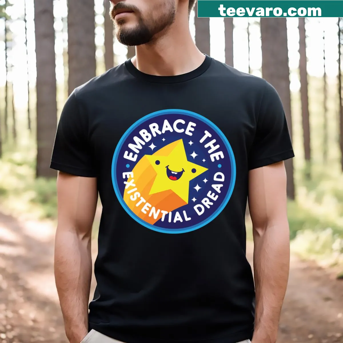 Bold typographic graphic with the word 'Embrace' on a T-shirt — on a men's t-shirt