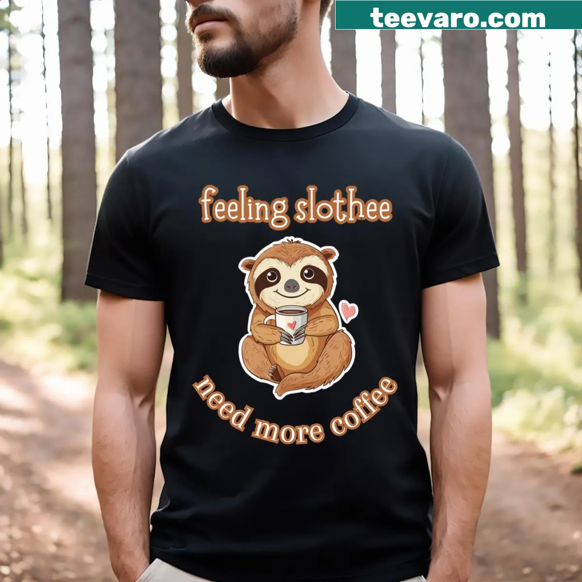 Cute kawaii sloth holding a heart with text about coffee — on a men's t-shirt
