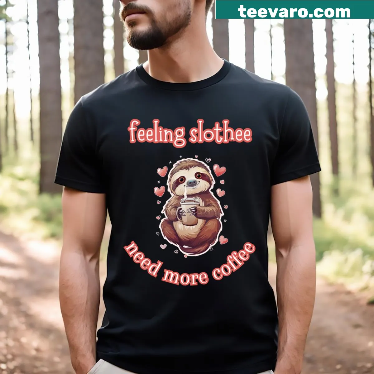 Cute kawaii sloth with a heart and coffee text on a T-shirt — on a men's t-shirt