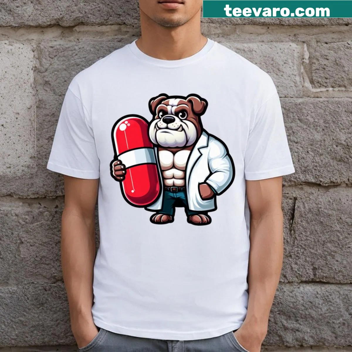 Illustration of a bulldog in a lab coat on a T-shirt — on a men's t-shirt