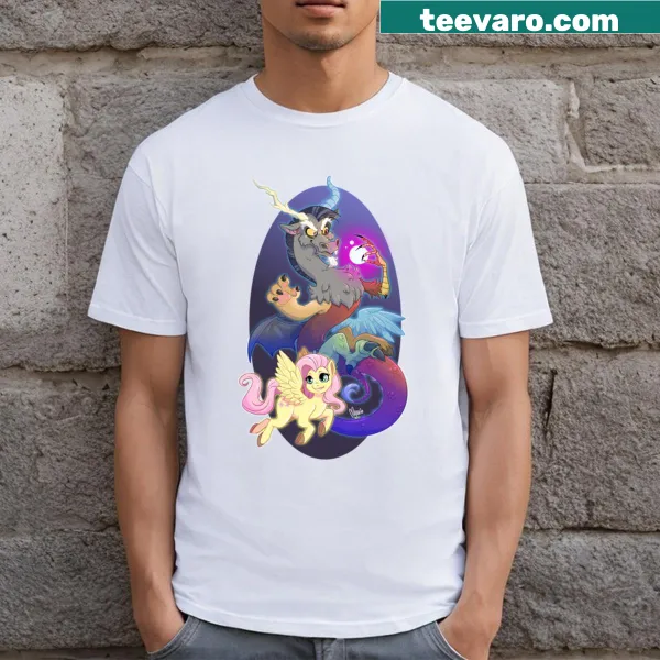 T-shirt featuring whimsical Fluttershy and Discord illustrations