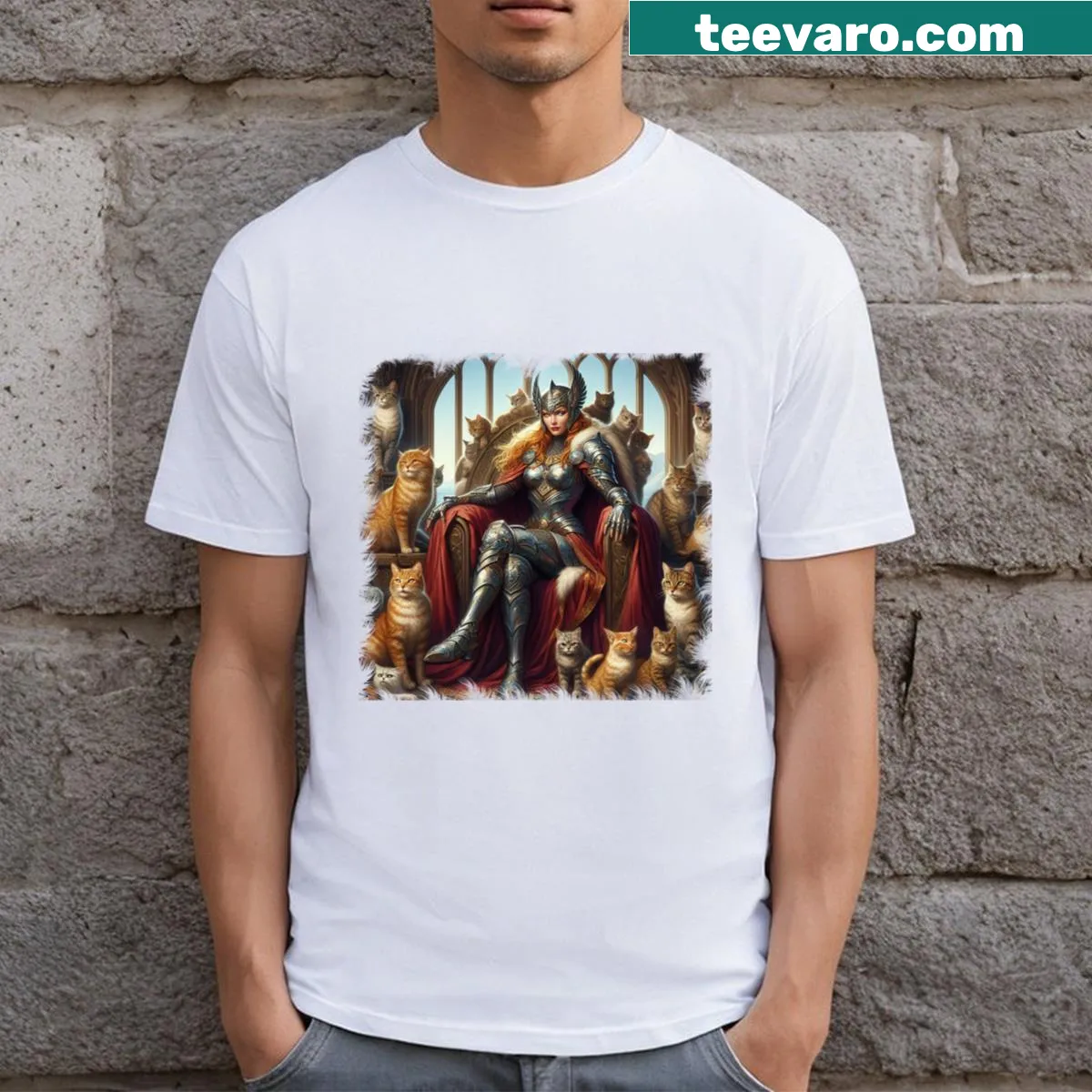 Norse goddess Freya graphic with inspirational text on T-shirt — on a men's t-shirt
