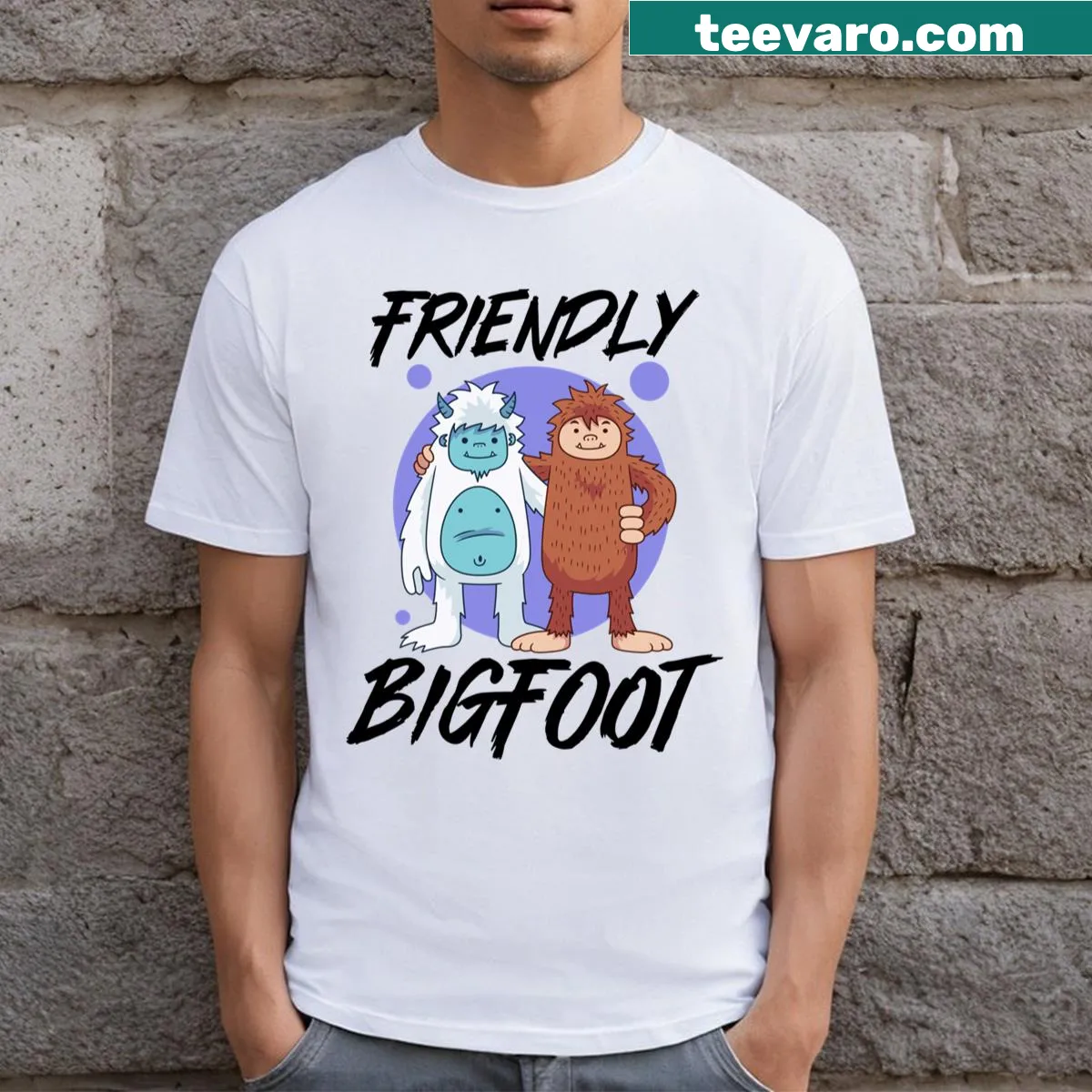 Friendly Bigfoot illustrated graphic on T-shirt — on a men's t-shirt