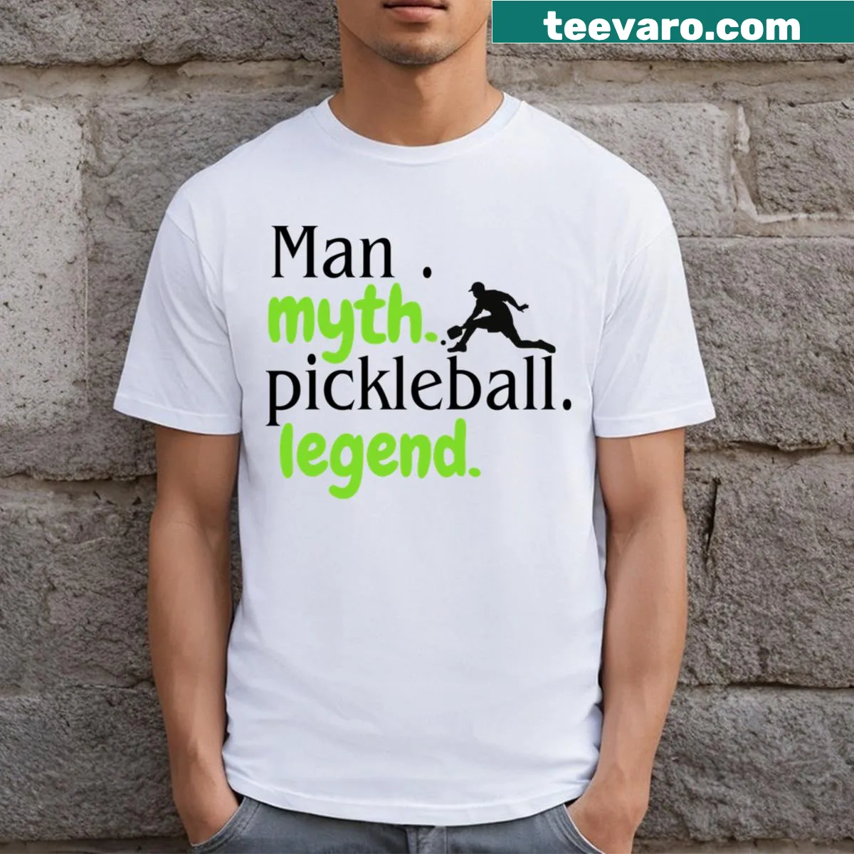 Humorous pickleball-themed T-shirt featuring a cartoon pickleball man — on a men's t-shirt