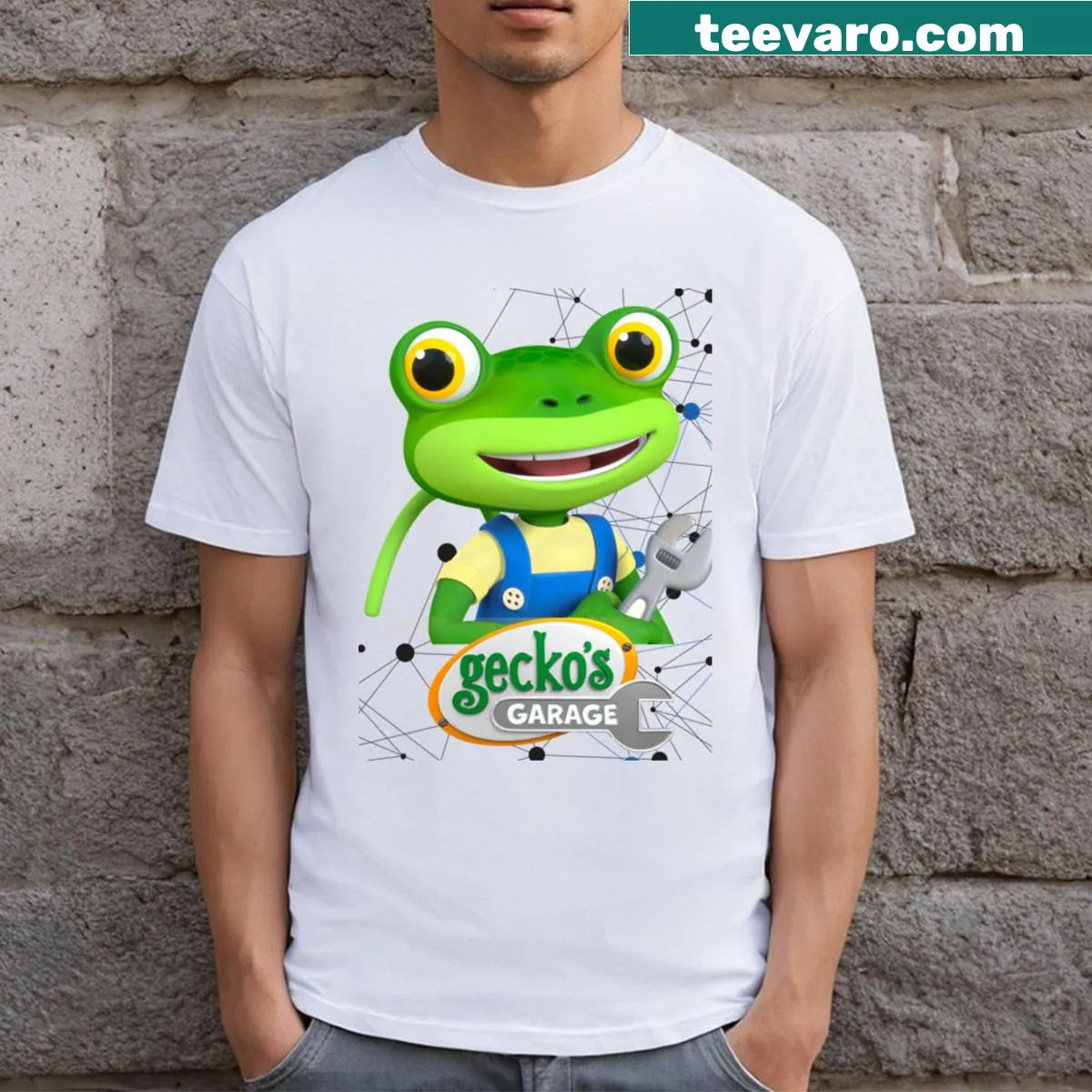 Playful automotive graphic T-shirt featuring Gecko's Garage — on a men's t-shirt