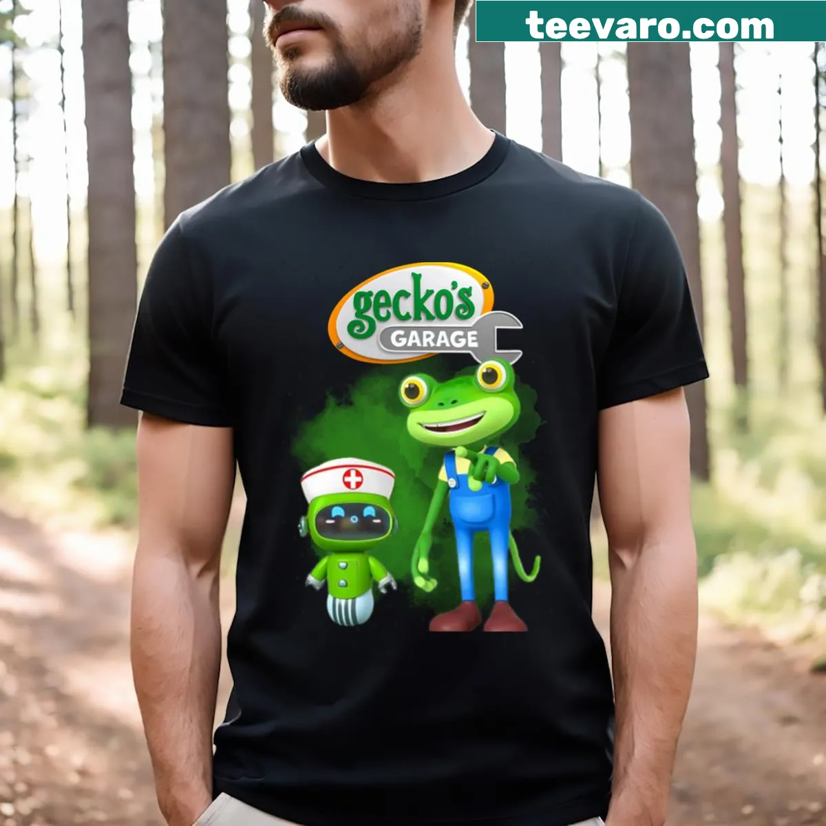 Gecko's Garage emblem T-shirt for car lovers — on a men's t-shirt