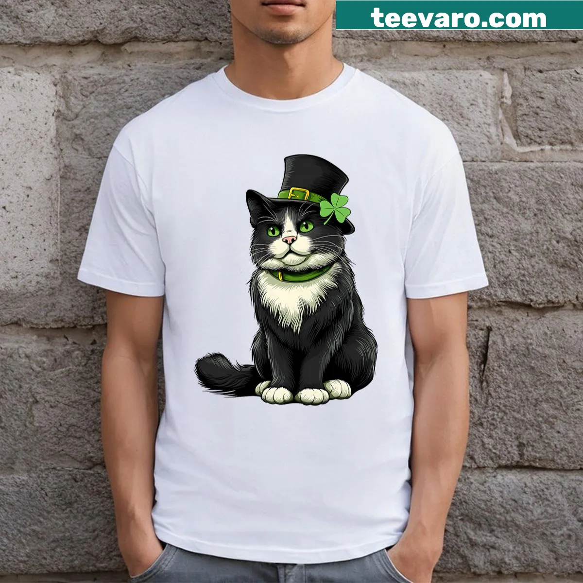 Cute cat and shamrock graphic on a kids' T-shirt — on a men's t-shirt