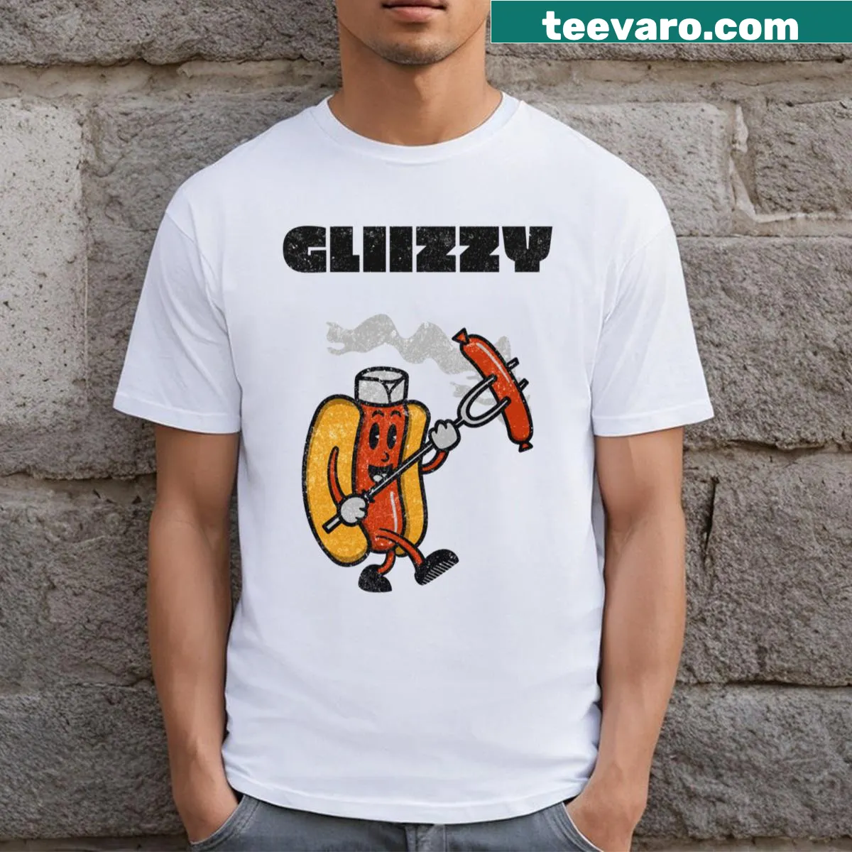 Playful T-shirt with cartoon of a hot dog skateboarding — on a men's t-shirt