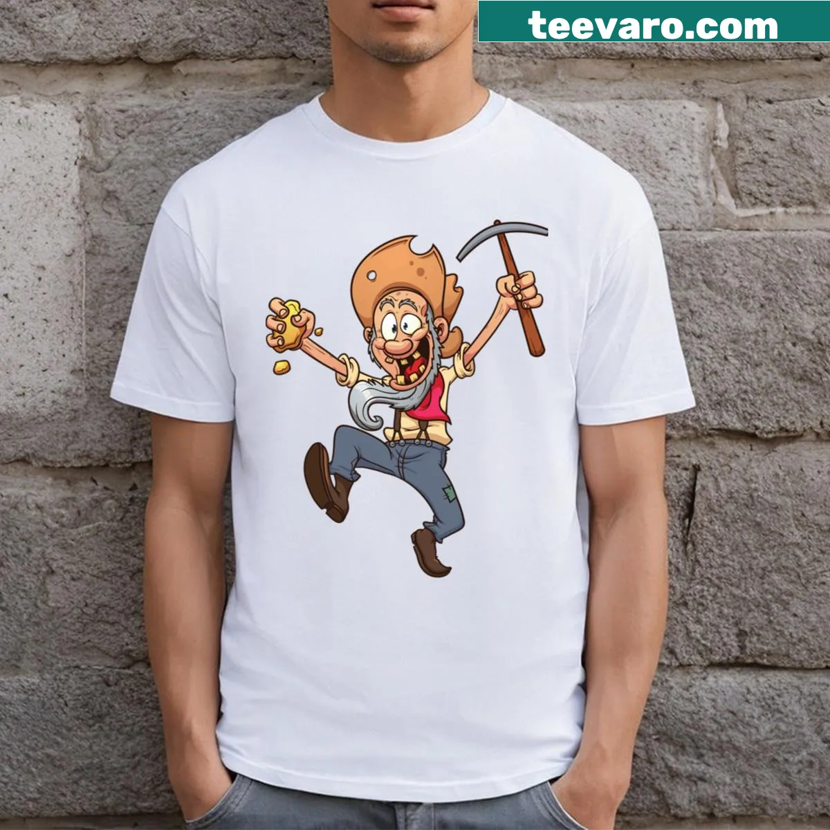 Cartoon-style shirt featuring a gold miner prospector — on a men's t-shirt