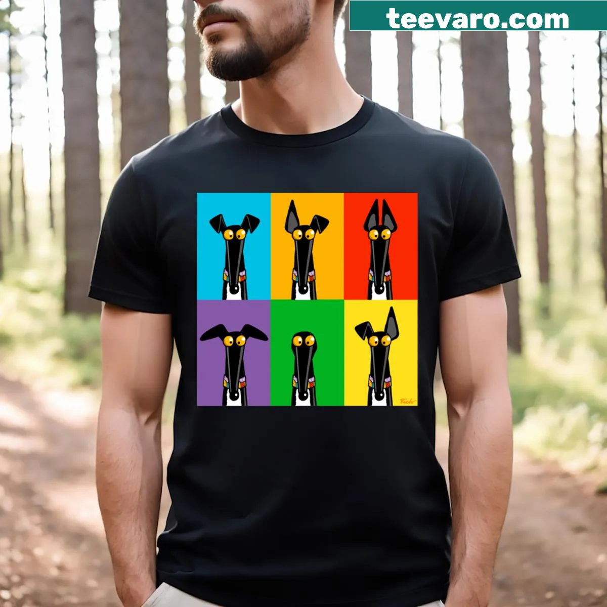 Graphic t-shirt featuring a greyhound semaphore design — on a men's t-shirt