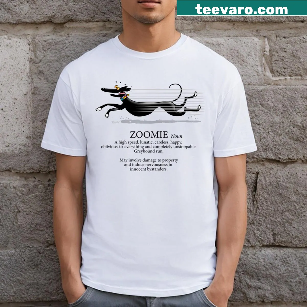 Playful T-shirt celebrating greyhounds with the phrase 'Greyhound Zoomie' — on a men's t-shirt