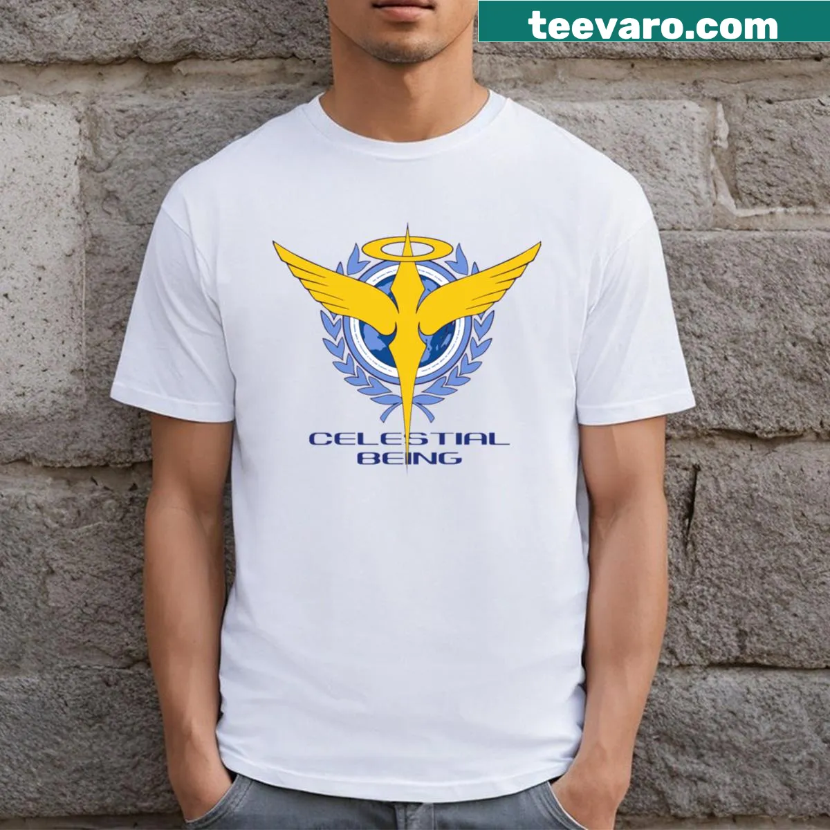 Gundam 0 Celestial Being graphic on a T-shirt — on a men's t-shirt