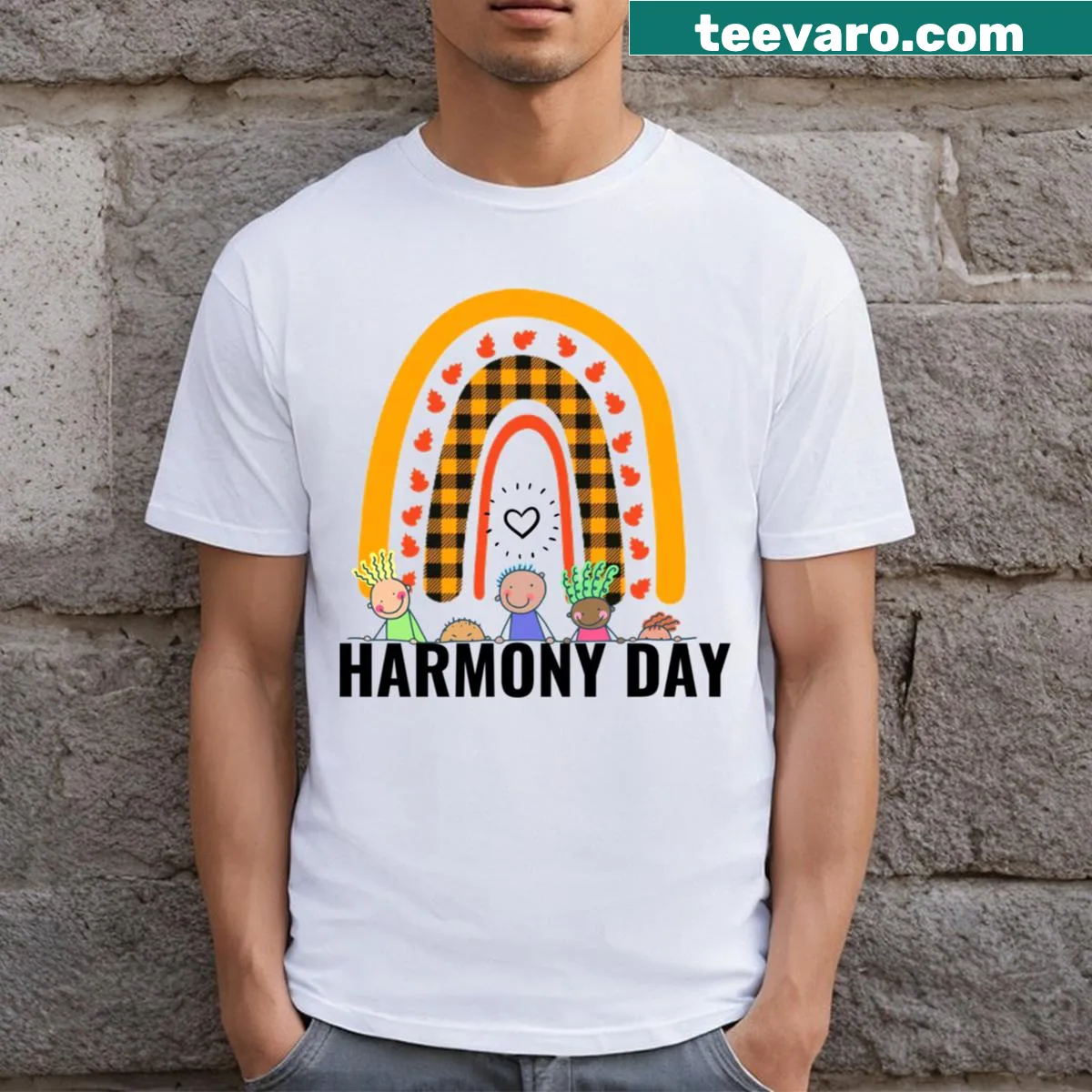 Illustration celebrating Harmony Day with diverse cultural elements on a t-shirt — on a men's t-shirt