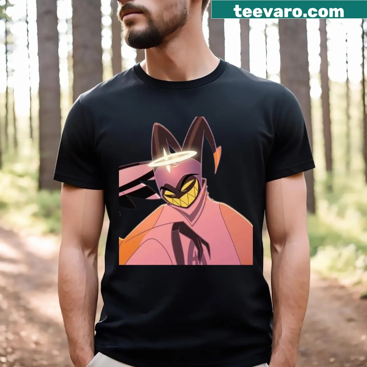 Cartoon graphic of Adam 1 from Hazbin Hotel on T-shirt — on a men's t-shirt