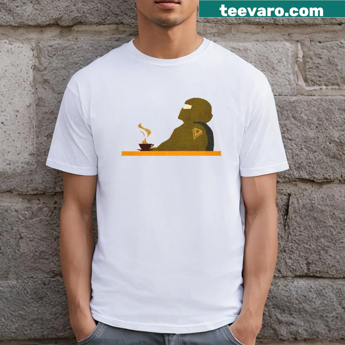 Helldivers characters illustrated on a humorous fanart t-shirt — on a men's t-shirt