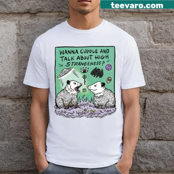 Illustrative T-shirt featuring playful possums in a whimsical design