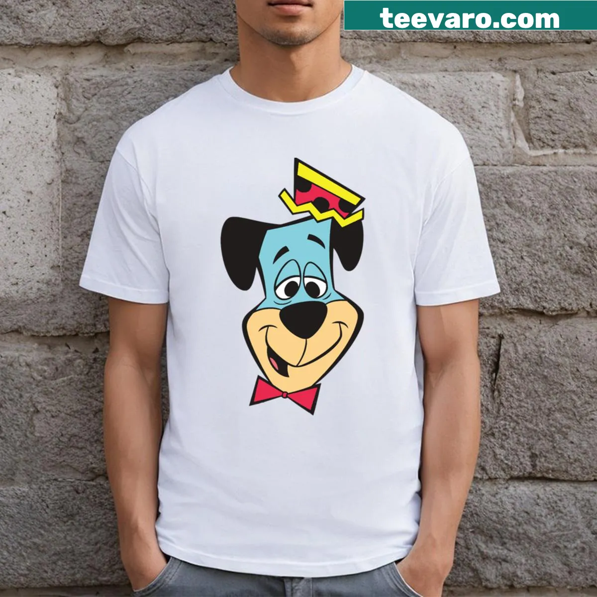 Cartoon graphic of Huckleberry Hound, the beloved blue dog — on a men's t-shirt