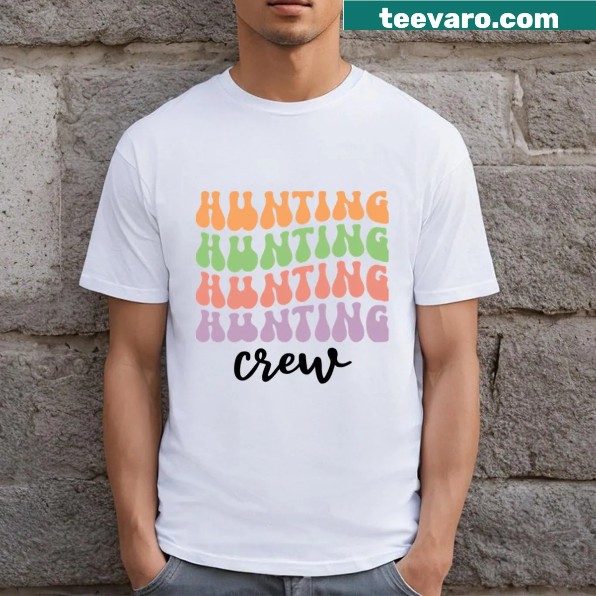 Bold badge-style Hunting Crew graphic on a T-shirt — on a men's t-shirt