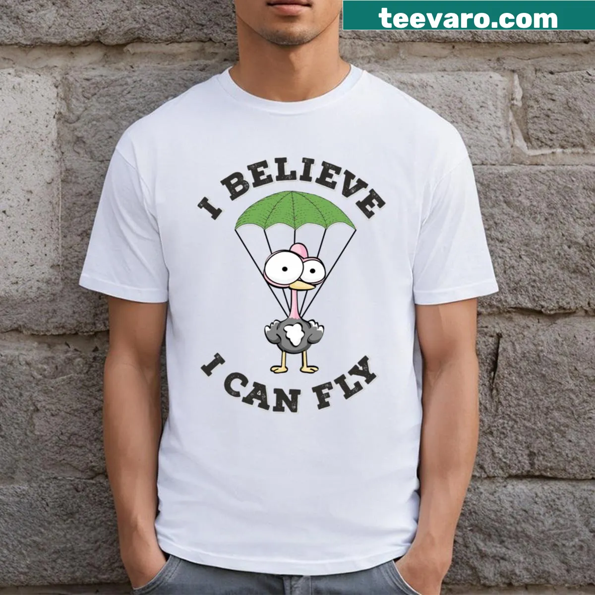 Inspirational T-shirt featuring the phrase I Believe I Can Fly — on a men's t-shirt