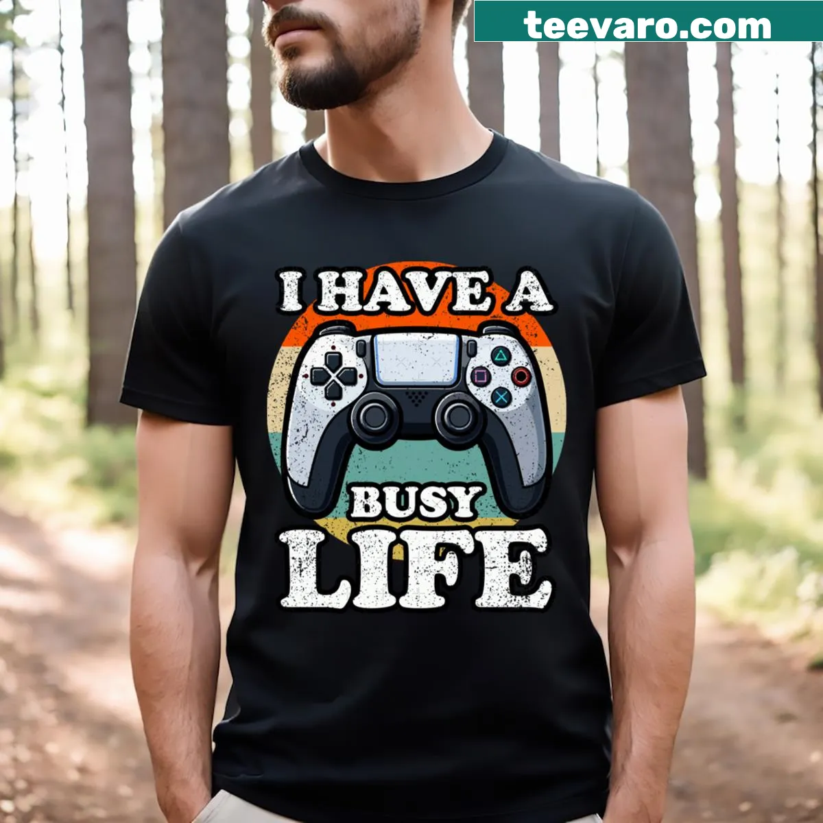 Illustrative design celebrating gaming life on a casual t-shirt — on a men's t-shirt